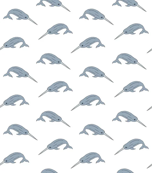白背景下孤立的蓝手绘涂鸦独角鲸的矢量无缝图案 — 图库矢量图片