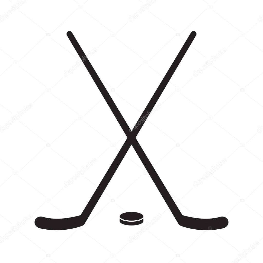 Vector flat black hockey crossed sticks and puck isolated on white background