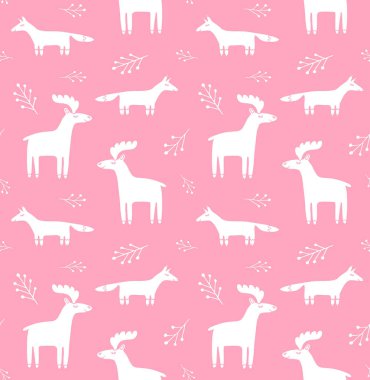 İskandinav el çiziminin kusursuz desenli vektör çizimi Pembe arka planda izole edilmiş tilki ve geyik hayvanları