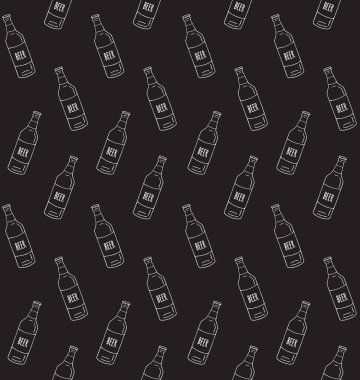 Beyaz çizgili el çiziminin vektörsüz deseni siyah arka planda izole edilmiş karalama bira şişesi.