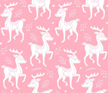 Beyaz elin kusursuz deseni çizilmiş çizim geyiği. Pastel pembe arka planda izole edilmiş.