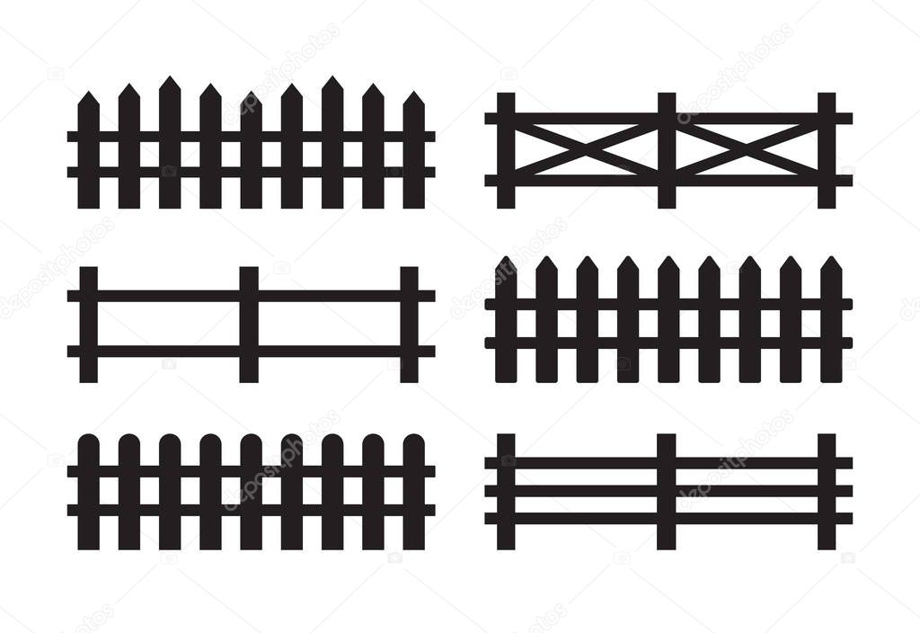 Vector set bundle of different black fence silhouette isolated on white background 