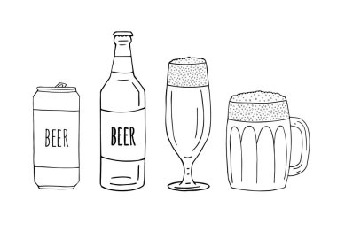 Vektör kümesi el çizimi karalama bira kutuları ve şişeler beyaz arka planda izole