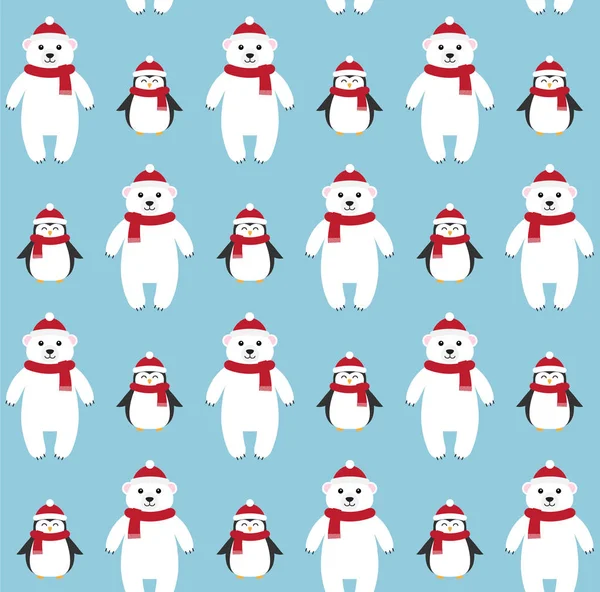 Modèle sans couture d'ours et de pingouin dans le chapeau — Image vectorielle