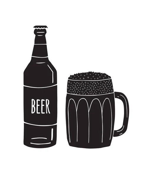 Vector Zwart Met Hand Getekende Doodle Schets Bier Glas Fles — Stockvector