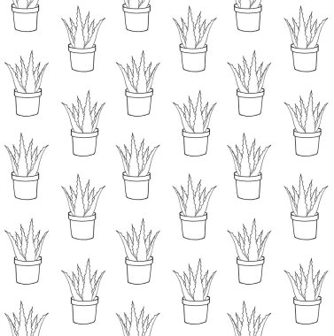 El çizimi çiziminin vektörsüz deseni beyaz arkaplanda izole edilmiş aloe vera saksısı.