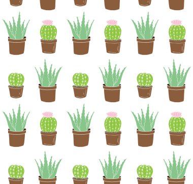 El çiziminin vektörsüz deseni beyaz arkaplanda izole edilmiş renkli aloe vera ve kaktüs çizimi.