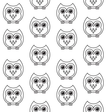 Beyaz arkaplanda izole edilmiş düz hatlı baykuşun vektörsüz deseni 