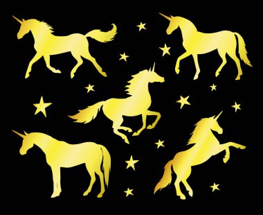 Siyah arkaplanda izole edilmiş tek boynuzlu at silueti. 