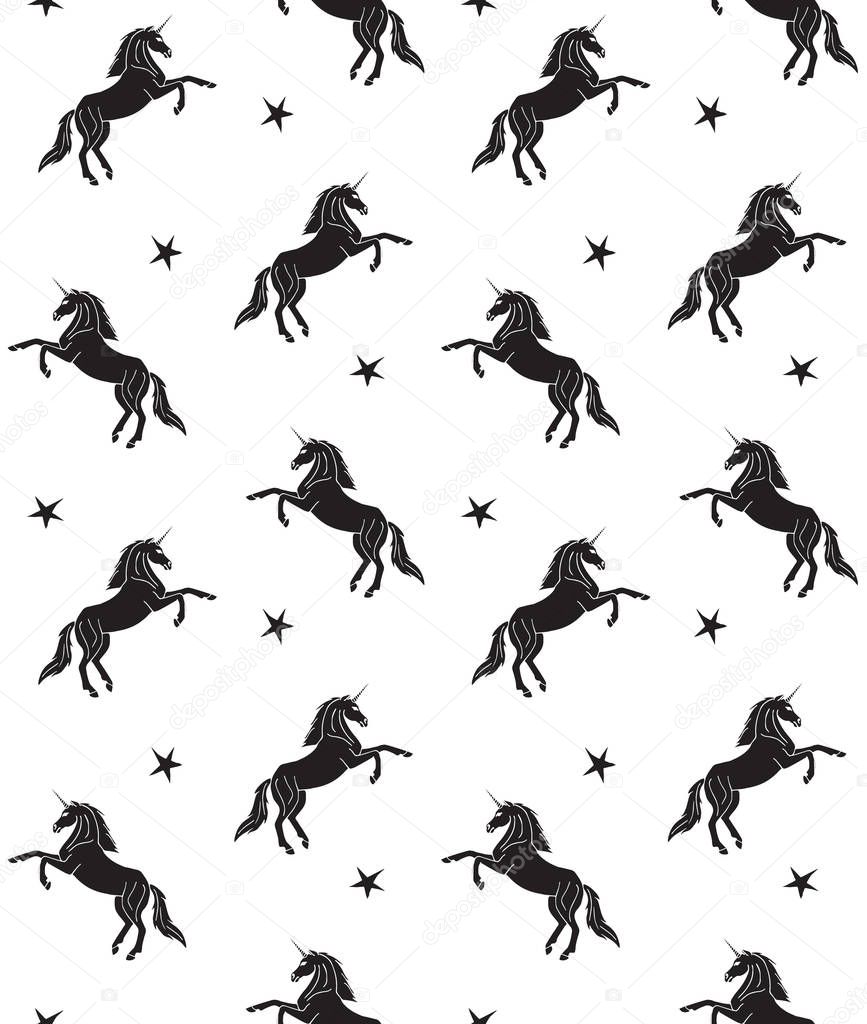 Vector seamless pattern of hand drawn doodle sketch black unicorn isolated on white background