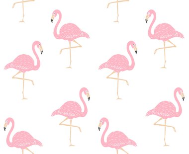 El çiziminin kusursuz vektör deseni beyaz arkaplanda izole edilmiş pembe flamingo çizimi