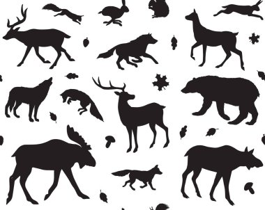 Beyaz arka planda izole edilmiş siyah orman hayvanlarının silueti.