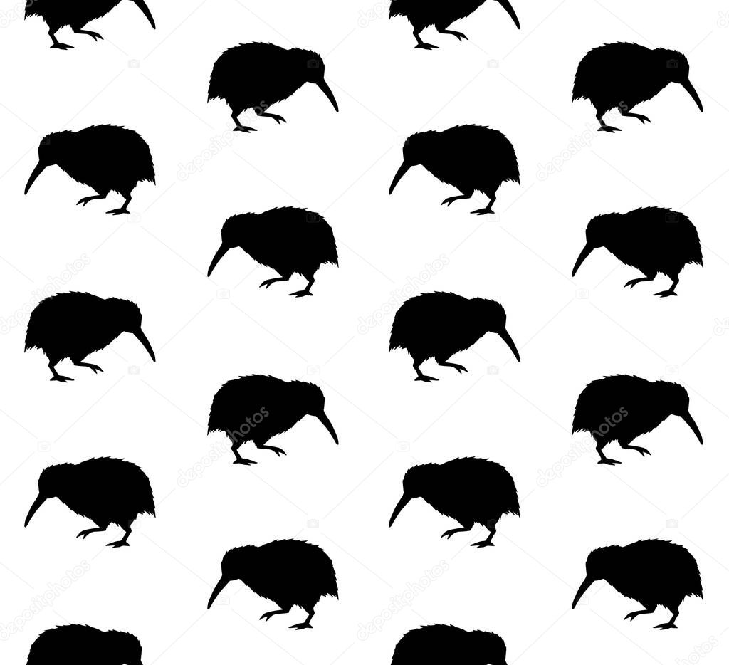 Vector seamless pattern of black kiwi bird silhouette isolated on white background