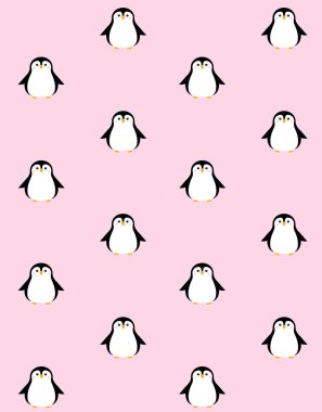 Pembe arka planda izole edilmiş yassı çizgi film kawaii pengueninin vektörsüz deseni