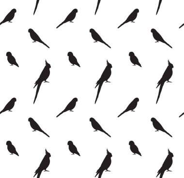 Beyaz arka planda izole edilmiş siyah farklı papağan siluetinin vektörsüz deseni