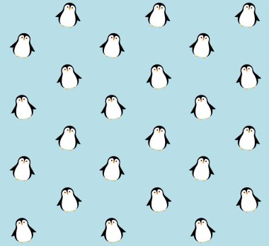 Düz çizgi film kawaii pengueninin vektörsüz deseni mavi arkaplanda izole edilmiş.