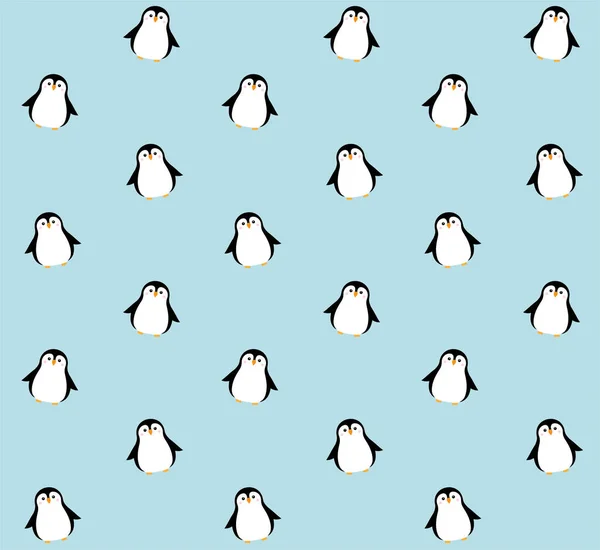 Düz çizgi film kawaii pengueninin vektörsüz deseni mavi arkaplanda izole edilmiş.