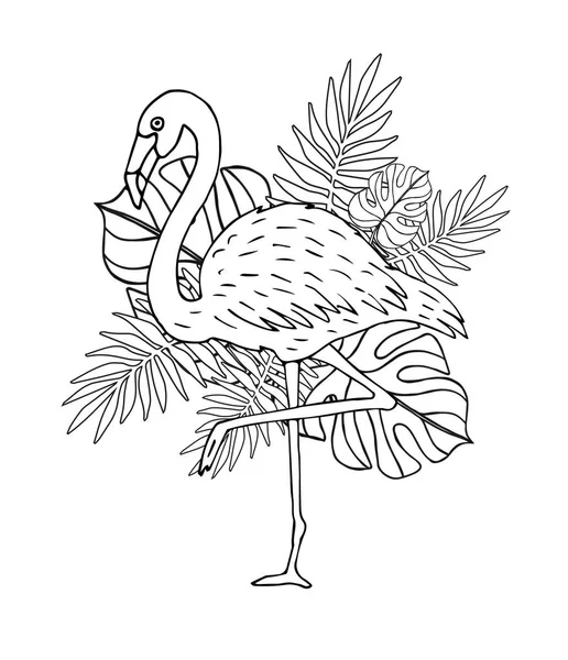 Vektor Kézzel Rajzolt Firka Vázlat Flamingo Pálma Levelek Illusztráció Elszigetelt — Stock Vector