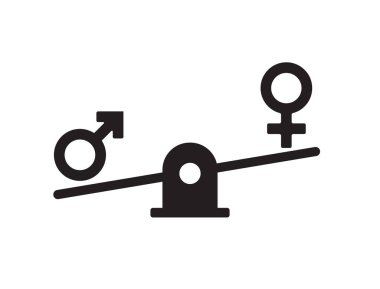 Vektör düz siyah cinsiyet eşitliği kavramı. Beyaz arka planda izole edilmiş pullarda dengelenmiş kadın ve erkek sembolleri