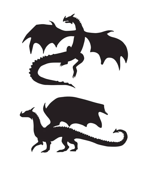 Ensemble vectoriel de deux dragons noirs silhouette — Image vectorielle