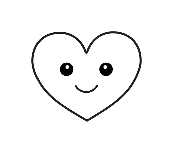 Vector flat kawaii black outline heart with face — Stock Vector