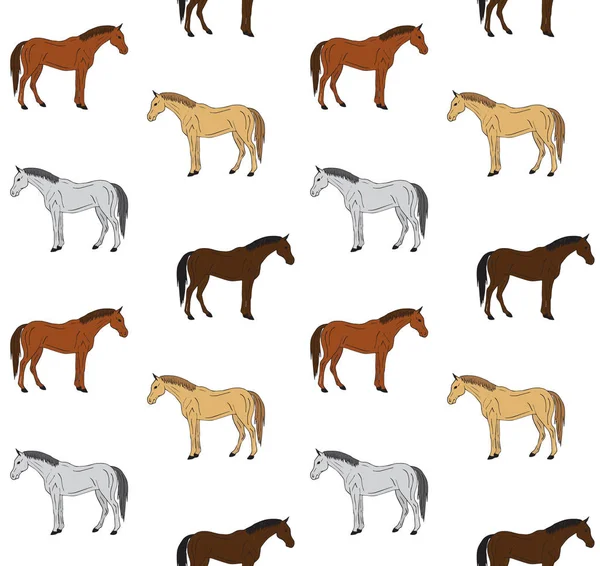 手绘涂鸦草图的矢量无缝图案不同颜色的马在白色背景下被隔离 — 图库矢量图片