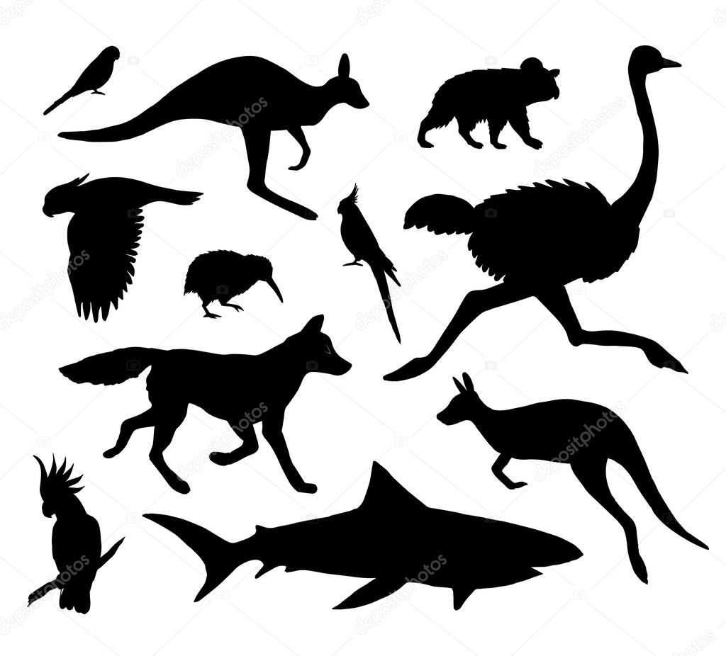 Vector set bundle of black Australian wild animals silhouette isolated on white background