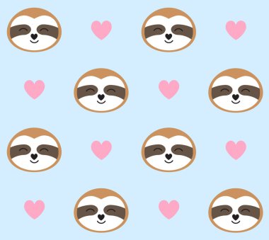 Mavi arka planda izole edilmiş düz çizgi film tembel yüz ve kalplerinin vektörsüz deseni