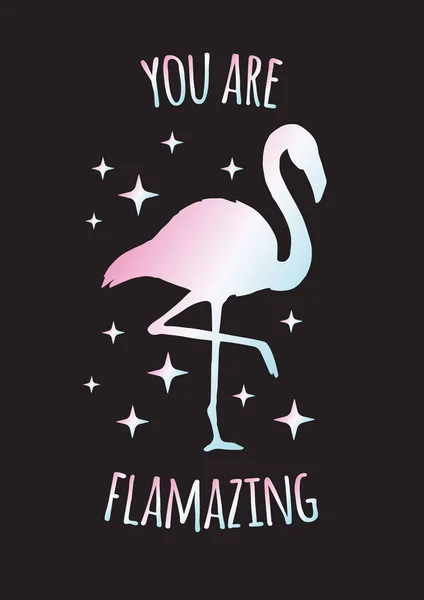 Vector Inspirierendes Zitat Und Holografisches Doodle Skizzieren Flamingo Silhouette Und — Stockvektor