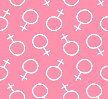 Pembe arka planda izole edilmiş, kusursuz beyaz el çizimi çizim kadın sembolü.