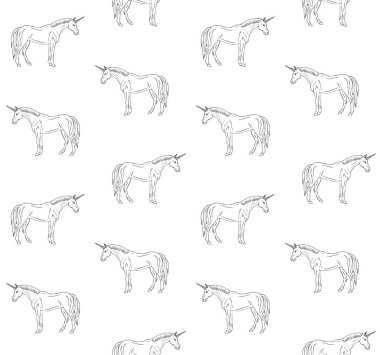 El çiziminin vektörsüz deseni beyaz arkaplanda izole edilmiş tek boynuzlu at çizimi