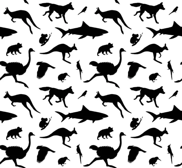 Vektornahtloses Muster Schwarzer Australischer Wildtiere Auf Weißem Hintergrund — Stockvektor