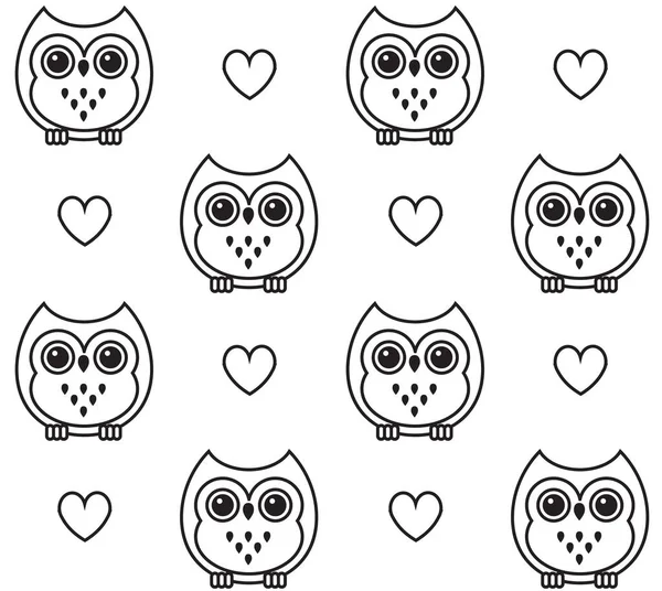 Vector Seamless Pattern Flat Cartoon Outline Black Owl Hearts Isolated — Stock Vector