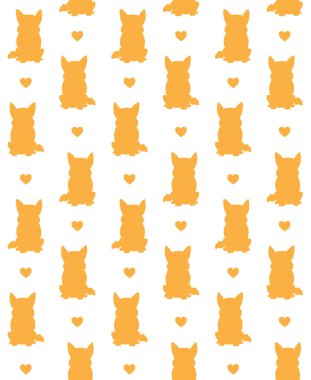 Turuncu karalama Corgi köpek silueti ve beyaz arka planda izole edilmiş kalpler.