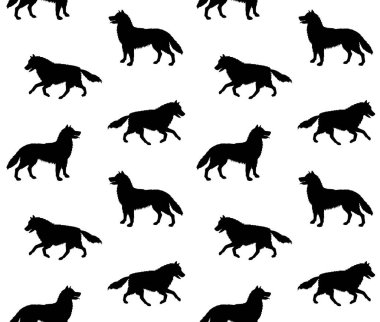 Beyaz arkaplanda izole edilmiş, kusursuz siyah, güçlü köpek silueti deseni.