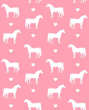 Beyaz at silueti ve pembe arka planda izole edilmiş kalpler.