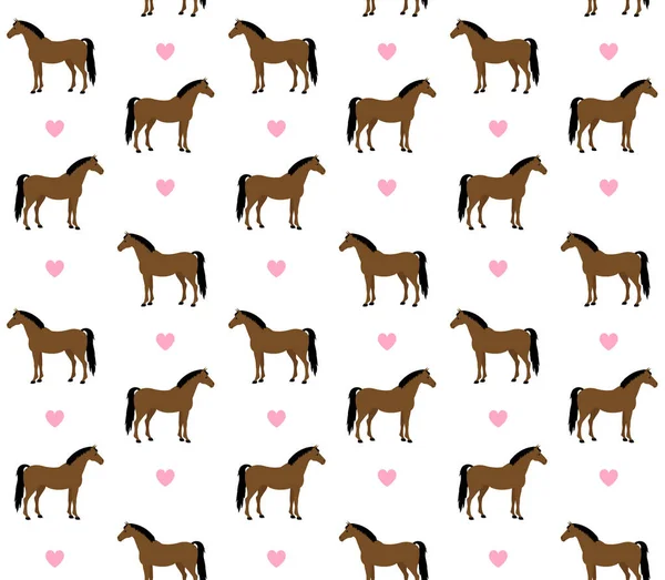 白い背景に隔離された平らな漫画の馬と心のベクトル乗馬シームレスパターン — ストックベクタ