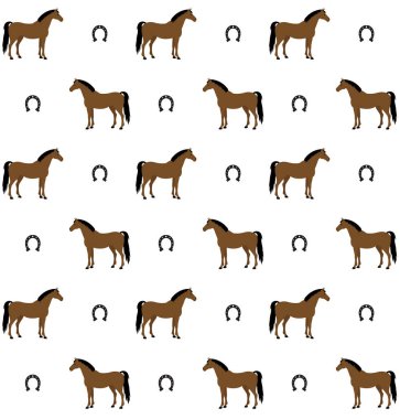 Beyaz arka planda izole edilmiş düz çizgi film koyu kahverengi at ve at nalı deseni.