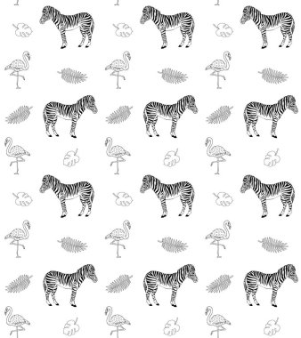 El çiziminin kusursuz şekli. Beyaz arkaplanda zebra ve flamingo izole edilmiş.