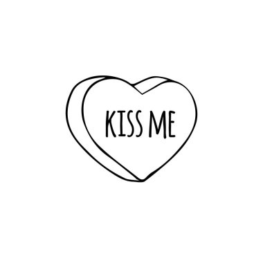 Vector black hand drew doodle beyaz arka planda izole tatlı kalp şekeri. Sevgililer Günü için düz çizgi film sohbet metni tatlı