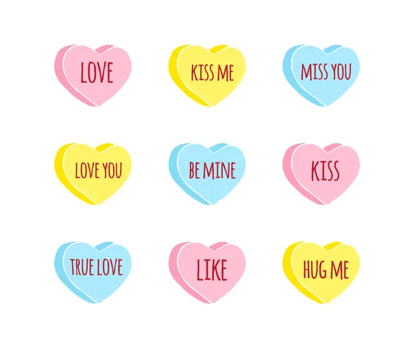 Renkli el çiziminin vektörsüz deseni beyaz arkaplanda izole edilmiş aşk metinleri olan sevgililer günü şekerleri çizimi