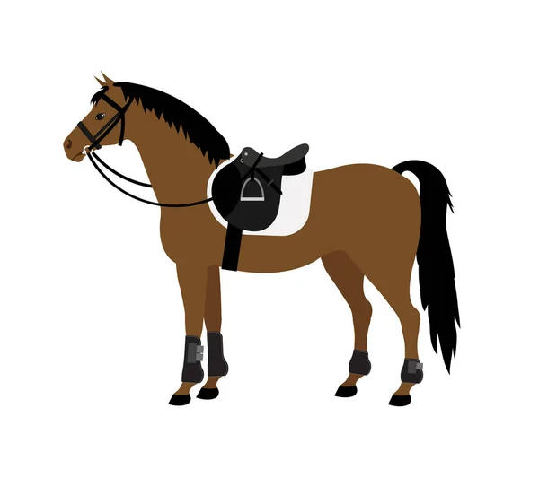 Vetor Plana Desenho Animado Cavalo Baía Com Sela Freio Isolado —  Vetores de Stock