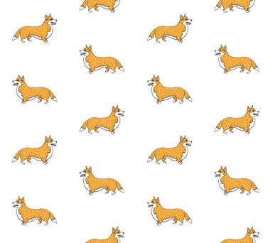 Renkli el çiziminin vektörsüz deseni beyaz arkaplanda izole Corgi köpeği çizimi