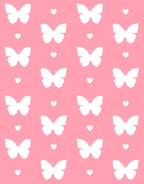 白蝶のシルエットのベクトルシームレスパターンとパステルピンクの背景に隔離された心 — ストックベクタ