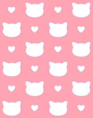 Beyaz kedi baş siluetinin ve pembe arka planda izole edilmiş kalplerin vektörsüz deseni