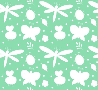 Beyaz elin vektörsüz deseni çizilmiş karalama farklı böcek silueti naneli arka planda izole edilmiş