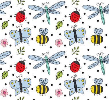 El çiziminin vektörsüz deseni beyaz arkaplanda izole edilmiş farklı renkli böcekler çiz