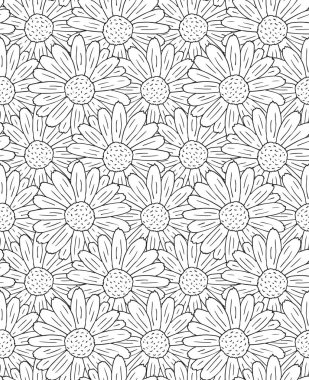 Beyaz arkaplanda izole edilmiş papatya çiçeği çizilmiş el çiziminin vektörsüz deseni.