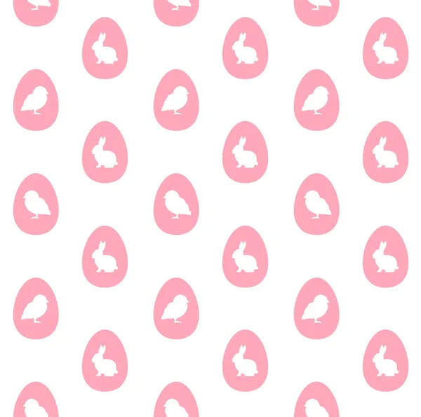 Векторный Узор Плоских Розовых Яиц Силуэтом Кролика Цыпленка Белом Фоне — стоковый вектор