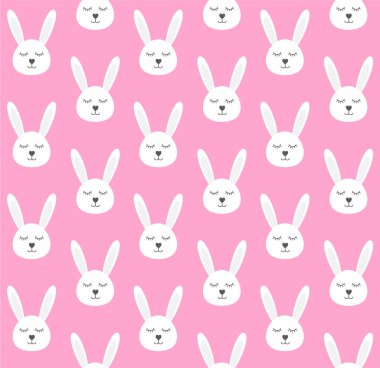 Pembe arka planda izole edilmiş düz çizgi film beyaz tavşan yüzünün vektör deseni